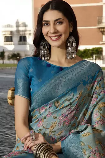 Women's blue poly silk saree with unstitched blouse piece
