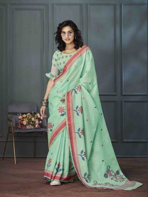 sea green linen woven saree with unstitched blouse piece 1