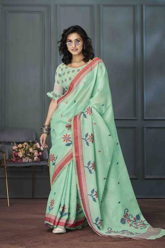 sea green linen woven saree with unstitched blouse piece
