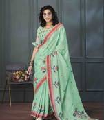 sea green linen woven saree with unstitched blouse piece
