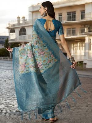 Women's blue poly silk blend saree with unstitched blouse piece 3