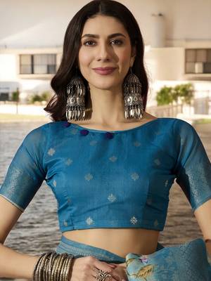 Women's blue poly silk blend saree with unstitched blouse piece 4