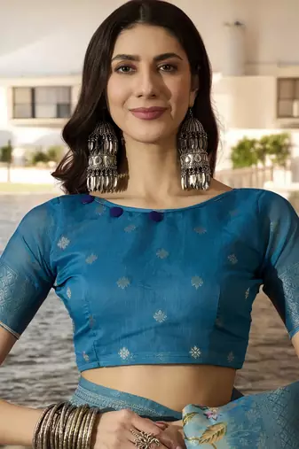 Women's blue poly silk saree with unstitched blouse piece