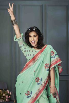 sea green linen woven saree with unstitched blouse piece 2