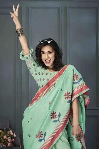 sea green linen woven saree with unstitched blouse piece