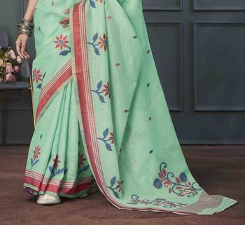 sea green linen woven saree with unstitched blouse piece 3