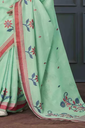 sea green linen woven saree with unstitched blouse piece