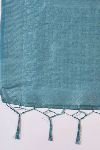 Women's blue poly silk saree with unstitched blouse piece