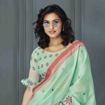 sea green linen woven saree with unstitched blouse piece 4