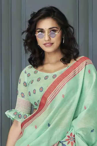 sea green linen woven saree with unstitched blouse piece