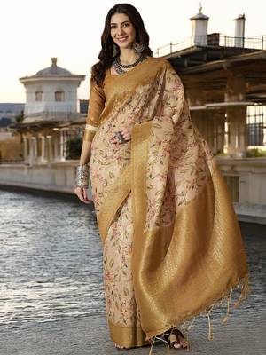 Women's chiku poly silk blend saree with unstitched blouse piece 1