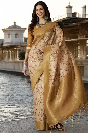 Women's chiku poly silk saree with unstitched blouse piece