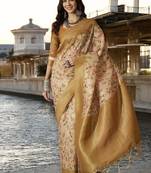 Women's chiku poly silk saree with unstitched blouse piece