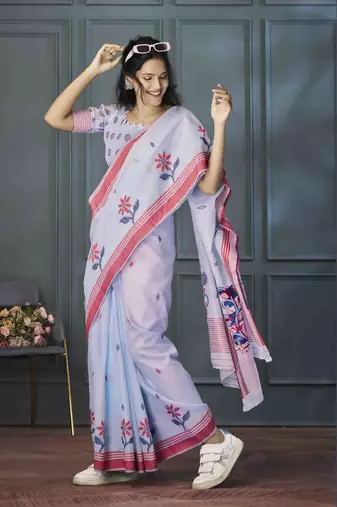 lavender linen woven saree with unstitched blouse piece