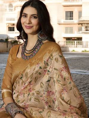 Women's chiku poly silk blend saree with unstitched blouse piece 2