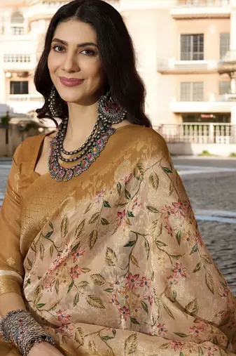 Women's chiku poly silk blend saree with unstitched blouse piece