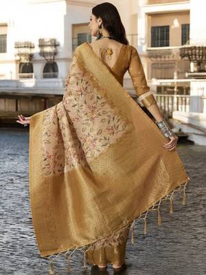 Women's chiku poly silk blend saree with unstitched blouse piece 3