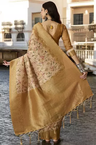 Women's chiku poly silk blend saree with unstitched blouse piece
