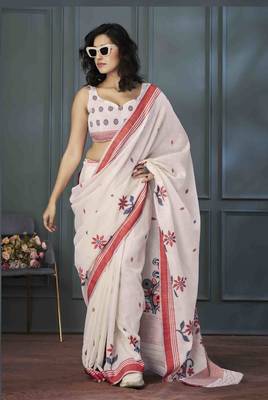 off white linen woven saree with unstitched blouse piece 1