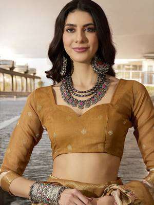 Women's chiku poly silk blend saree with unstitched blouse piece 4