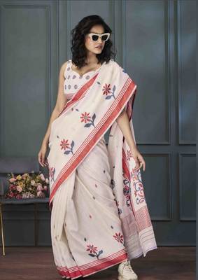 off white linen woven saree with unstitched blouse piece 2