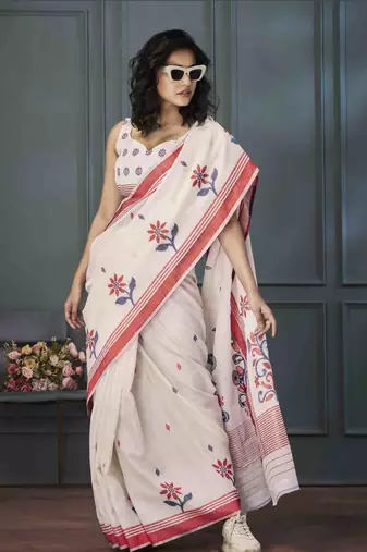off white linen woven saree with unstitched blouse piece