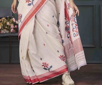 off white linen woven saree with unstitched blouse piece 3