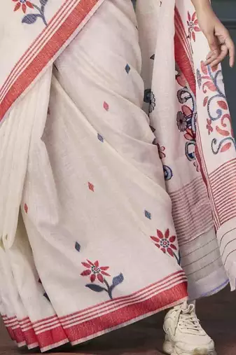 off white linen woven saree with unstitched blouse piece