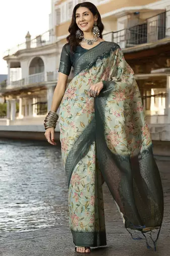 Women's mint poly silk saree with unstitched blouse piece