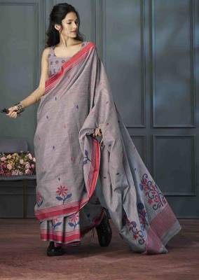 grey linen woven saree with unstitched blouse piece 1