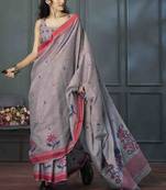 grey linen woven saree with unstitched blouse piece