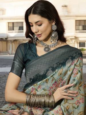 Women's mint poly silk blend saree with unstitched blouse piece 2