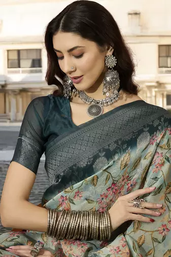 Women's mint poly silk blend saree with unstitched blouse piece