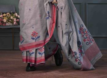 grey linen woven saree with unstitched blouse piece 3