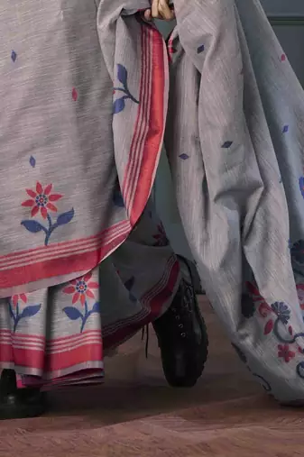 grey linen woven saree with unstitched blouse piece