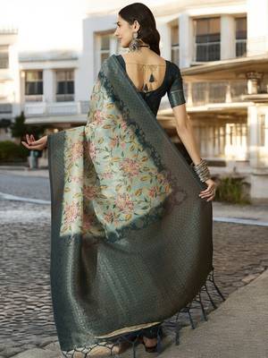Women's mint poly silk blend saree with unstitched blouse piece 3