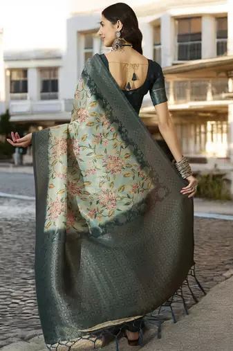 Women's mint poly silk blend saree with unstitched blouse piece