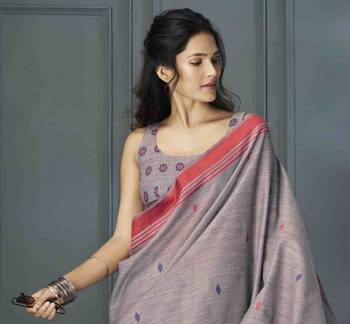 grey linen woven saree with unstitched blouse piece 4