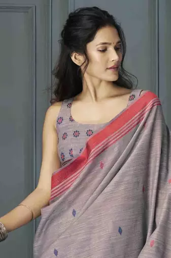 grey linen woven saree with unstitched blouse piece