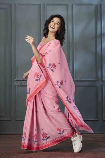 pink linen woven saree with unstitched blouse piece