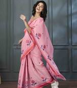 pink linen woven saree with unstitched blouse piece