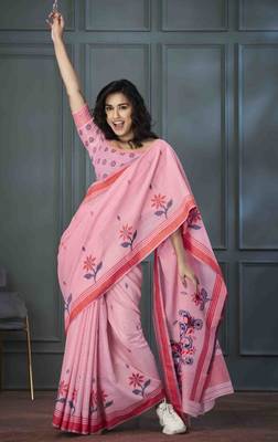 pink linen woven saree with unstitched blouse piece 2