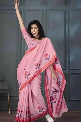 pink linen woven saree with unstitched blouse piece