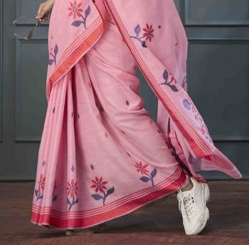 pink linen woven saree with unstitched blouse piece 3
