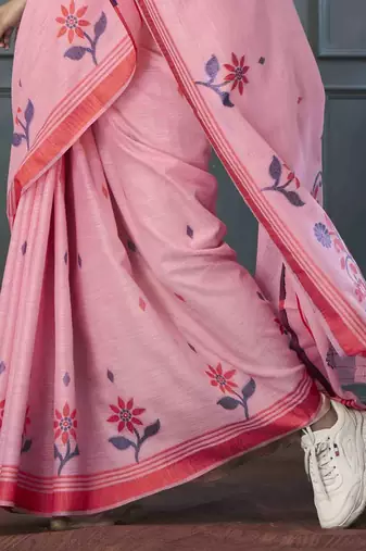 pink linen woven saree with unstitched blouse piece