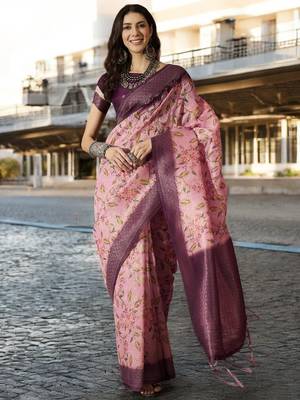 Women's onion poly silk blend saree with unstitched blouse piece 1
