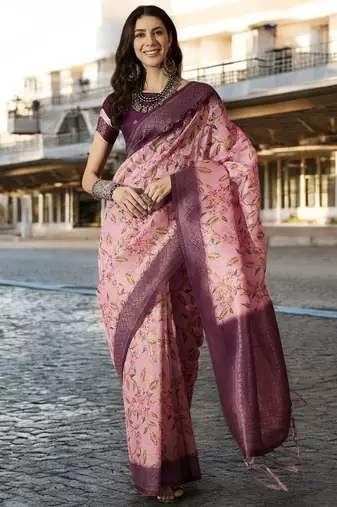 Women's onion poly silk saree with unstitched blouse piece