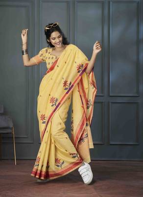 yellow linen woven saree with unstitched blouse piece 1