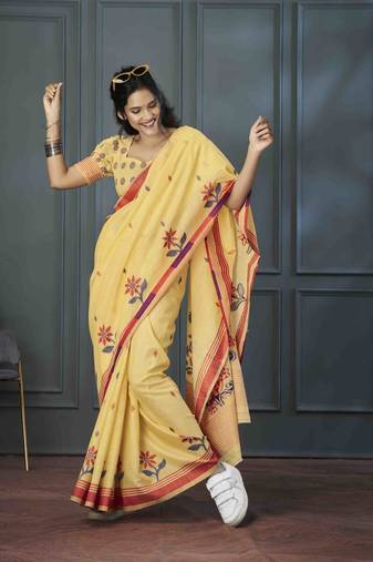 yellow linen woven saree with unstitched blouse piece