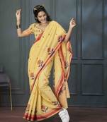 yellow linen woven saree with unstitched blouse piece